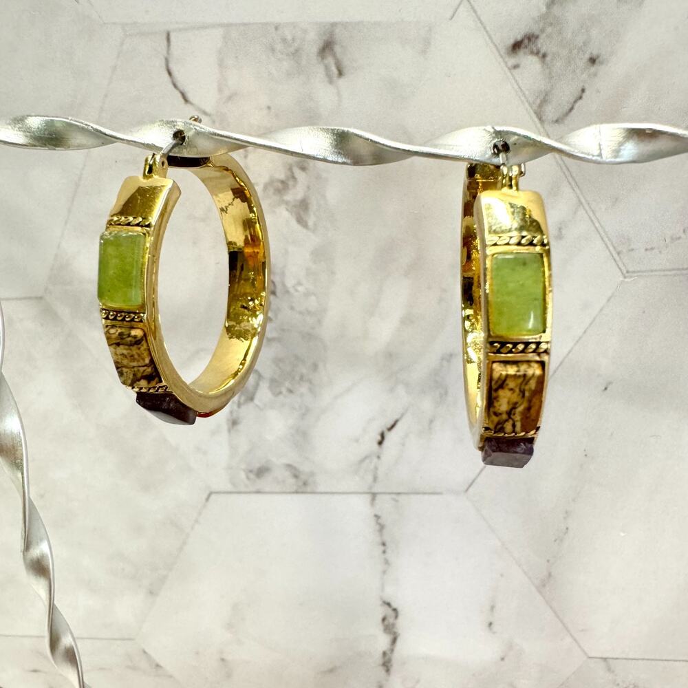 Vintage Monet Earrings Inlaid Glass Stones Gold Tone Hoops 1.25" Colorful EUC - Picture 4 of 7